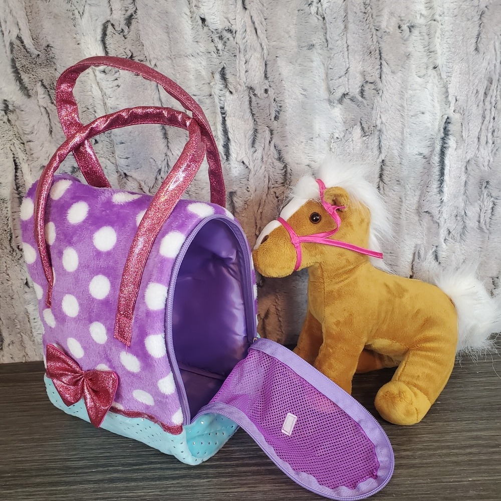 Plush Brown Horse With Travel Carrier 9" Pony Purple Polka Dot Bag